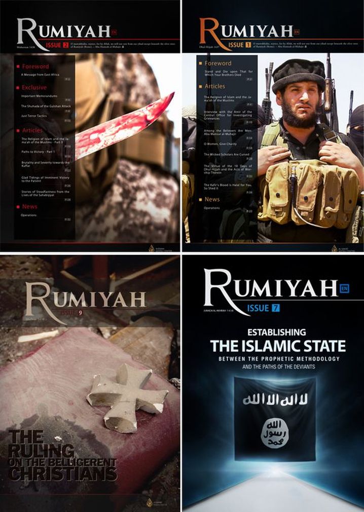A collection of Rumiyah covers, the slick multi-language propaganda magazine produced by ISIS. Source: Clarion Project