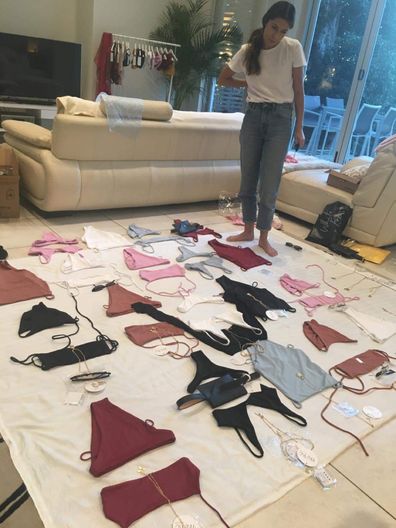 Tara Sargent looking over samples for TJ Swim.