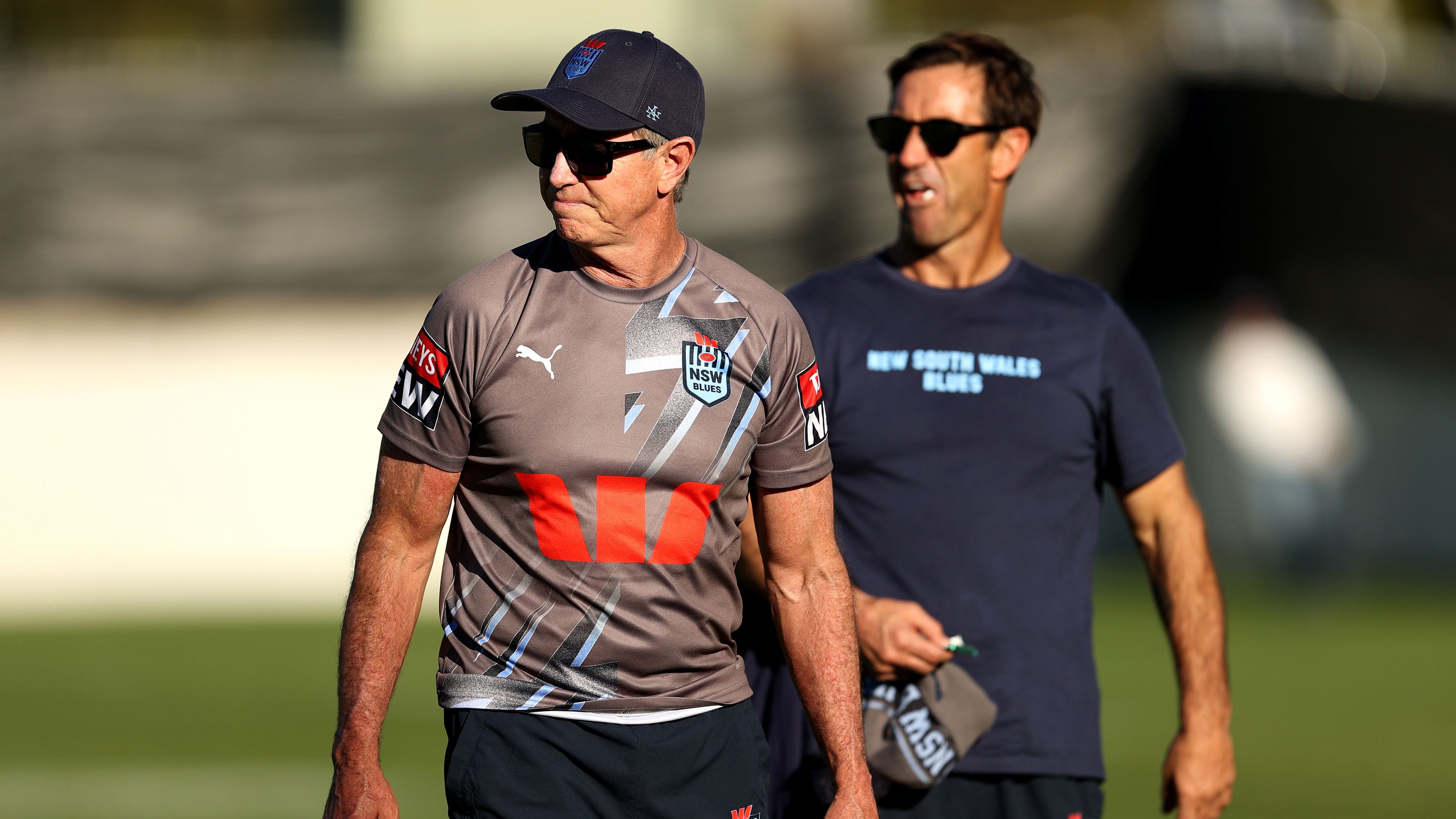 Blues advisor Greg Alexander and Andrew Johns speak during the New South Wales State of Origin training.