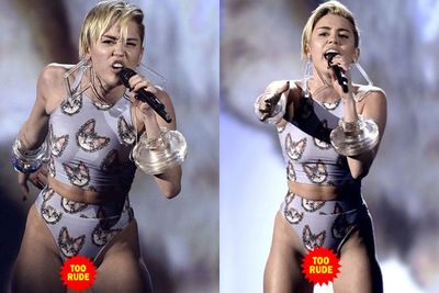 Miley dons a skintight leotard at the American Music Awards, and we all get to see some unfortunate camel toe. No wonder she looks like she's in pain in these!