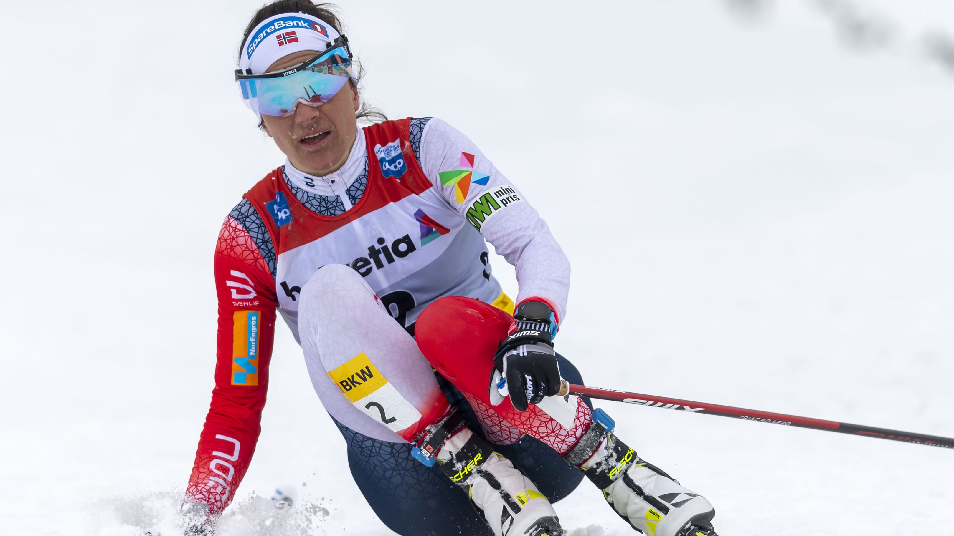 Heidi Weng of Norway after crossing the finish line to win the women&#x27;s 30 km FIS Cross-Country Skiing World Cup race.