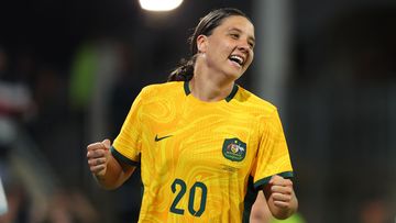 Sam Kerr of the Matildas celebrates her goal during the AFC Women&#x27;s Asian Olympic Qualifier match between Australia Matildas and Chinese Taipei at HBF Park on November 01, 2023 in Perth, Australia.