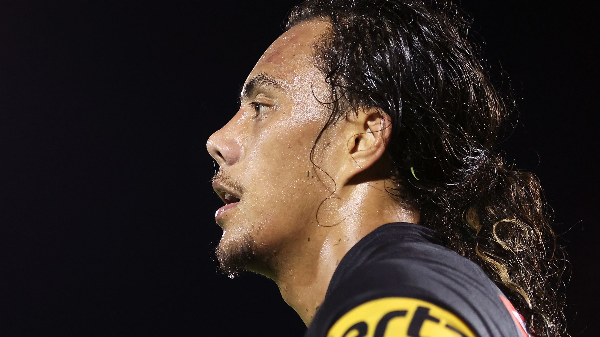 PENRITH, AUSTRALIA - MARCH 03: Jarome Luai of the Panthers watches on during the round NRL match between the Penrith Panthers and the Brisbane Broncos at BlueBet Stadium on March 03, 2023 in Penrith, Australia. (Photo by Mark Kolbe/Getty Images)