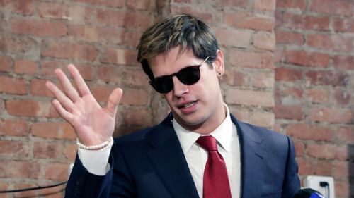 Breibart senior editor Milo Yiannopoulos addresses the media at a press conference in New York City on February 21, 2017. (AAP)