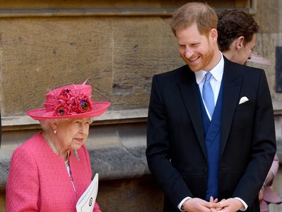 Queen Elizabeth II and Prince Harry, Duke of Sussex attend the wedding of Lady Gabriella Windsor and Thomas Kingston in 2019