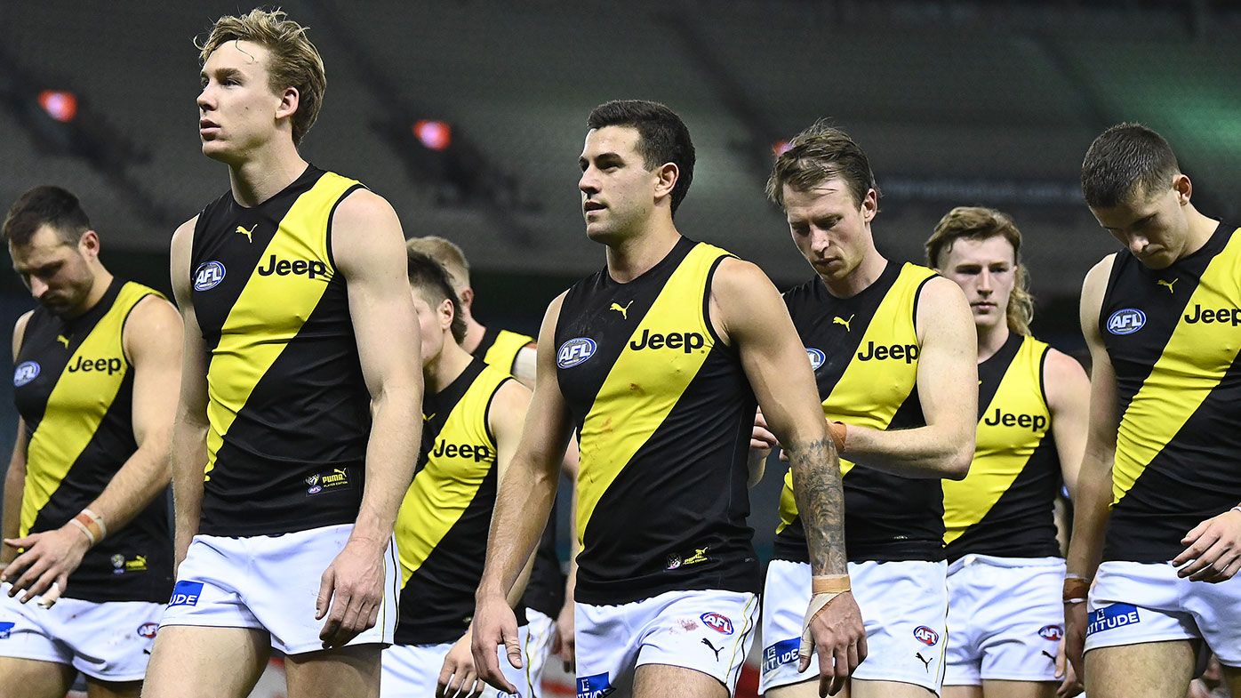 The Tigers look dejected after losing the round 22 AFL match between Greater Western Sydney Giants and Richmond Tigers at Marvel Stadium on August 13, 2021 in Melbourne, Australia. (Photo by Quinn Rooney/Getty Images)