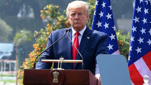 President Donald Trump speaks during his joint statement with Prime Minister Narendra Modi, at Hyderabad House, on February 25, 2020 in New Delhi, India