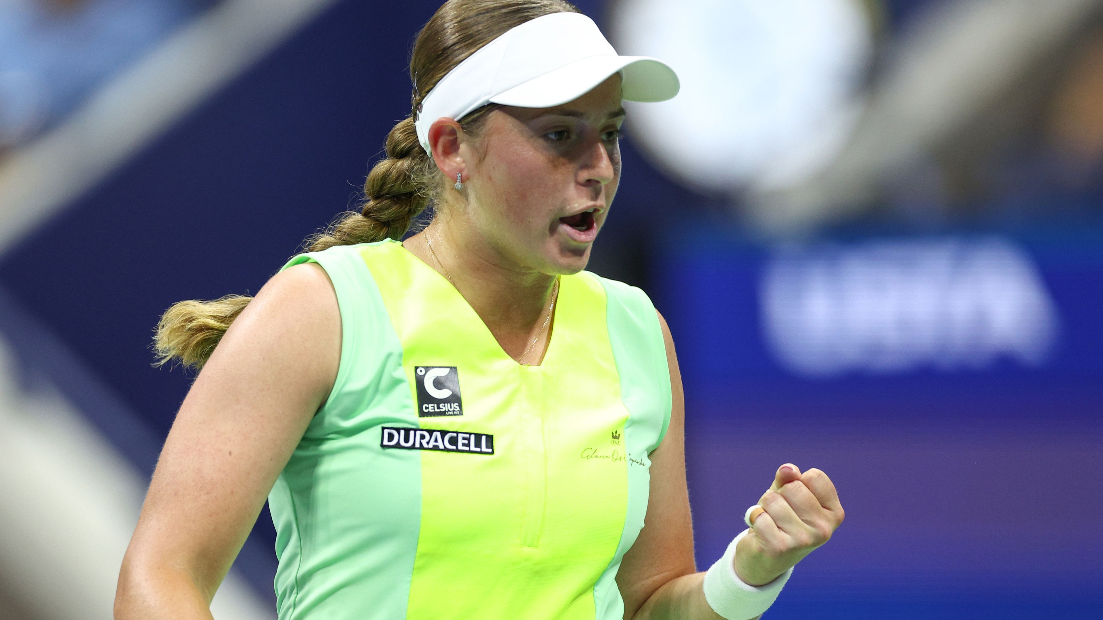 Jelena Ostapenko of Latvia reacts against Iga Swiatek of Poland during their Women&#x27;s Singles Fourth Round match on Day Seven of the 2023 US Open at the USTA Billie Jean King National Tennis Center on September 03, 2023 in the Flushing neighborhood of the Queens borough of New York City. (Photo by Elsa/Getty Images)