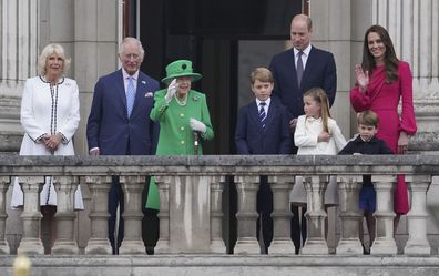 FILE From left, Camilla Duchess of Cornwall, Prince Charles, Queen Elizabeth II, Prince George, Prince William, Princess Charlotte, Prince Louis, and Kate, Duchess of Cambridge appear on the balcony of Buckingham Palace during the Platinum Jubilee Pageant outside Buckingham Palace in London, Sunday June 5, 2022. The death of Queen Elizabeth II means the younger generation of Britains royal family must step up their responsibilities significantly. (Jonathan Brady/Pool Photo via AP, File)