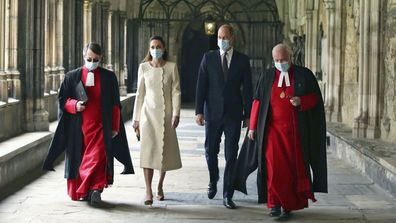 Prince William and Kate, Duchess of Cambridge with Dean of Westminster The Very Reverend Dr David Hoyle, right, and Paul Baumann, Receiver General and Chapter Clerk, arrive for a visit to the vaccination centre at Westminster Abbey, London, Tuesday, March 23, 2021 to pay tribute to the efforts of those involved in the Covid-19 vaccine rollout