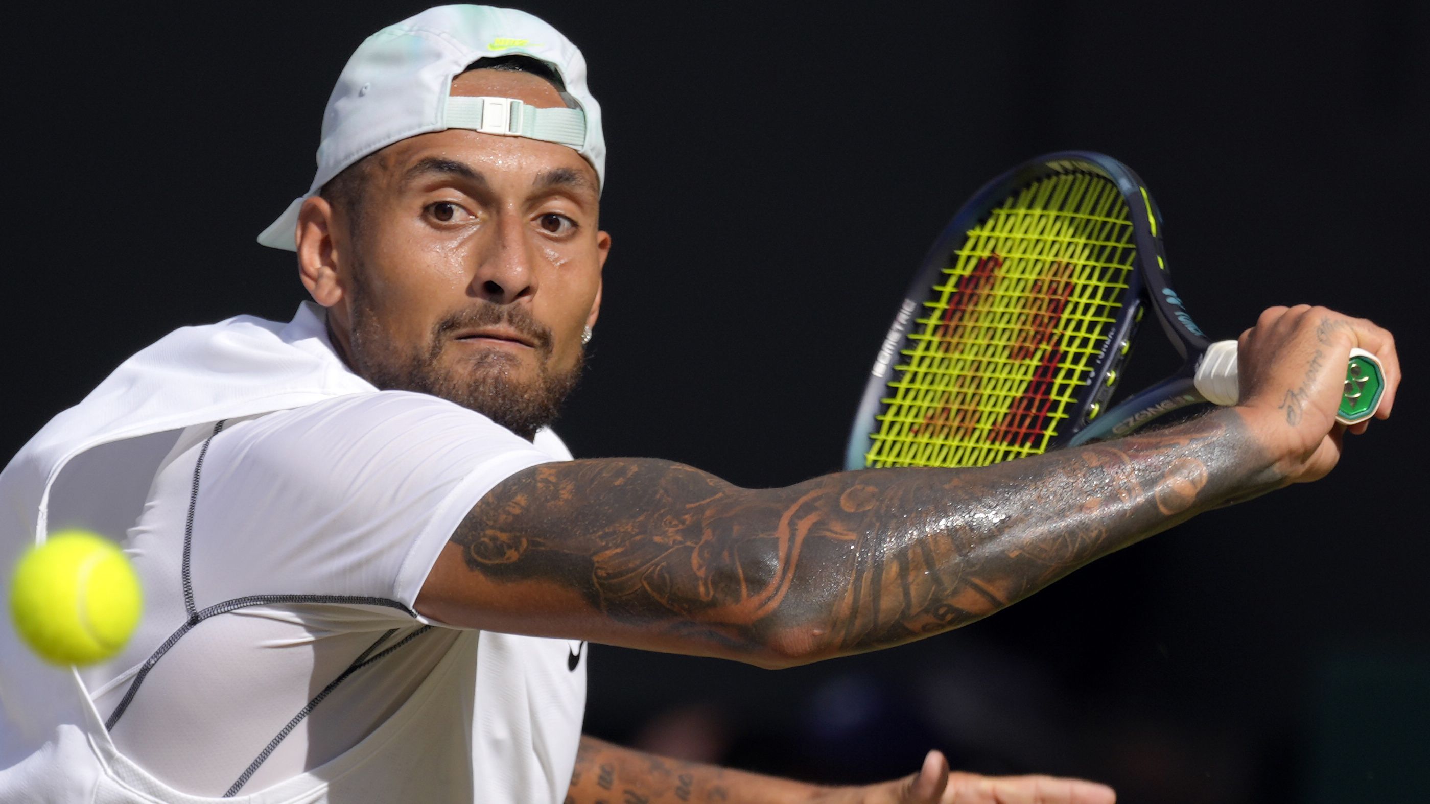 Australia&#x27;s Nick Kyrgios returns to Serbia&#x27;s Novak Djokovic during the Wimbledon men&#x27;s final.