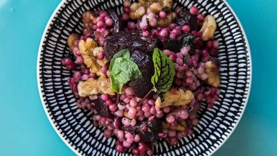 Recipe: <a href="https://kitchen.nine.com.au/2017/05/26/14/08/blue-cabooses-roasted-beetroot-and-cous-cous-salad" target="_top">Blue Caboose's roasted beetroot and cous cous salad</a>