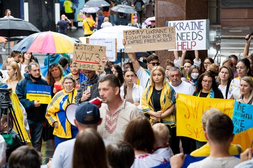 Russian invasion of Ukraine protest at Martin place. 25th Feb 2022. Photo: Edwina Pickles / SMH