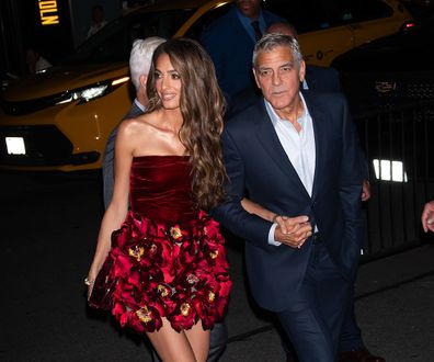 NEW YORK, NY - SEPTEMBER 29: Amal Clooney and George Clooney are seen arriving at the New York Film Festival Premiere of "Jay Kelly" on September 29, 2025 in New York City.  (Photo by BG048/Bauer-Griffin/GC Images)
