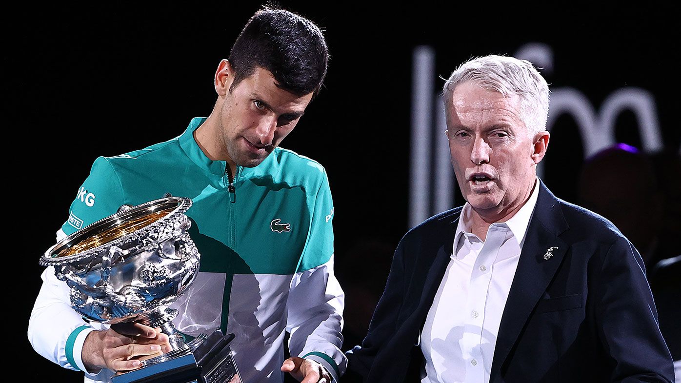Novak Djokovic of Serbia speaks with CEO of Tennis Australia Craig Tiley
