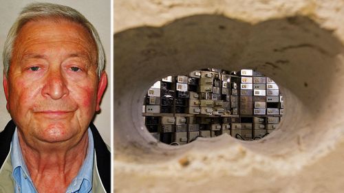 Terry Perkins and the 50cms reinforced concrete wall the gang drilled through to reach safety deposit boxes at Hatton Garden. (Photos: AP).