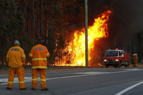  A firefighter watches a controlled blackburn along Leggetts Drive in Richmond Vale. (AAP)