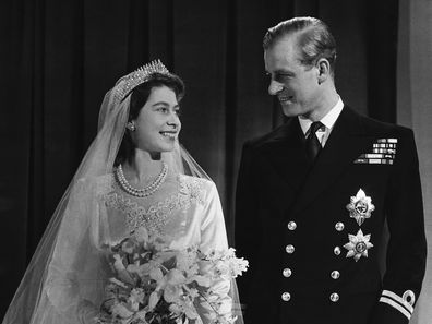 Princess Elizabeth, later Queen Elizabeth II with her husband Phillip, Duke of Edinburgh, on their wedding day, 20th November 1947. (Photo by © Hulton-Deutsch Collection/CORBIS/Corbis via Getty Images)