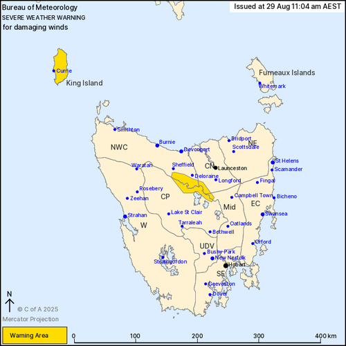 A map showing areas affected by a severe weather warning for Tasmania.