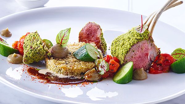 Neil Martin's roasted rack of lamb with charred eggplant puree