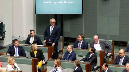 Former Prime Minister Scott Morrison during his valedictory speech, at Parliament House in Canberra on Tuesday 27 February 2024.