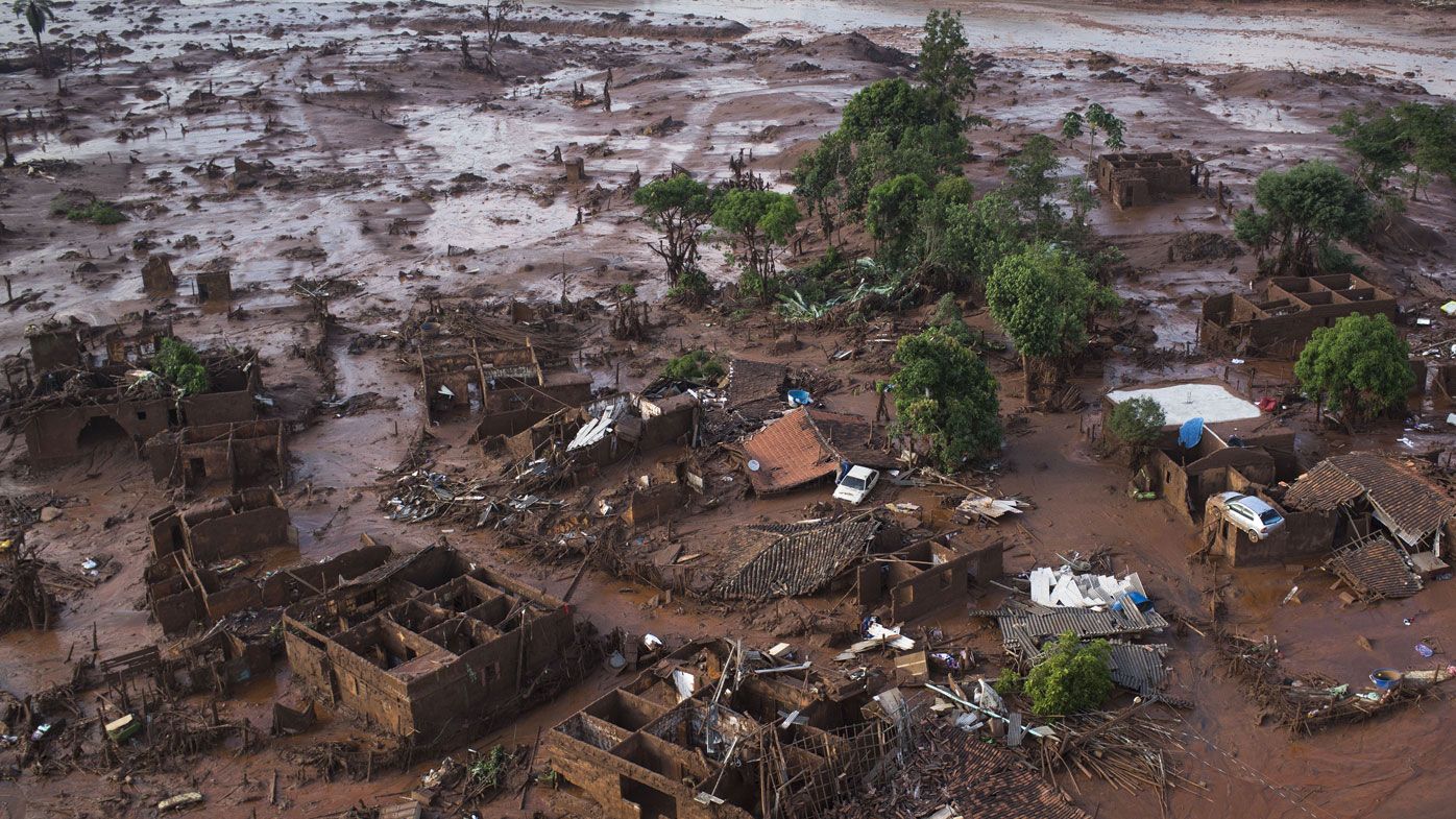 Homes lay in ruins after two dams burst in November 2005, flooding the small town of Bento Rodrigues in Minas Gerais state, Brazil.