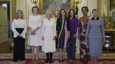 Britain's Sophie, Countess of Wessex, Queen Mathilde of Belgium, Britain's Camilla, Queen Consort, Queen Rania of Jordan, Crown Princess Mary of Denmark, the first lady of Sierra Leone Fatima Maada Bio, and the first lady of Ukraine Olena Zelenska pose for a photograph during a reception to raise awareness of violence against women and girls as part of the UN 16 days of Activism against Gender-Based Violence, in Buckingham Palace.
