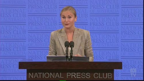 Grace Tame addresses the National Press Club.