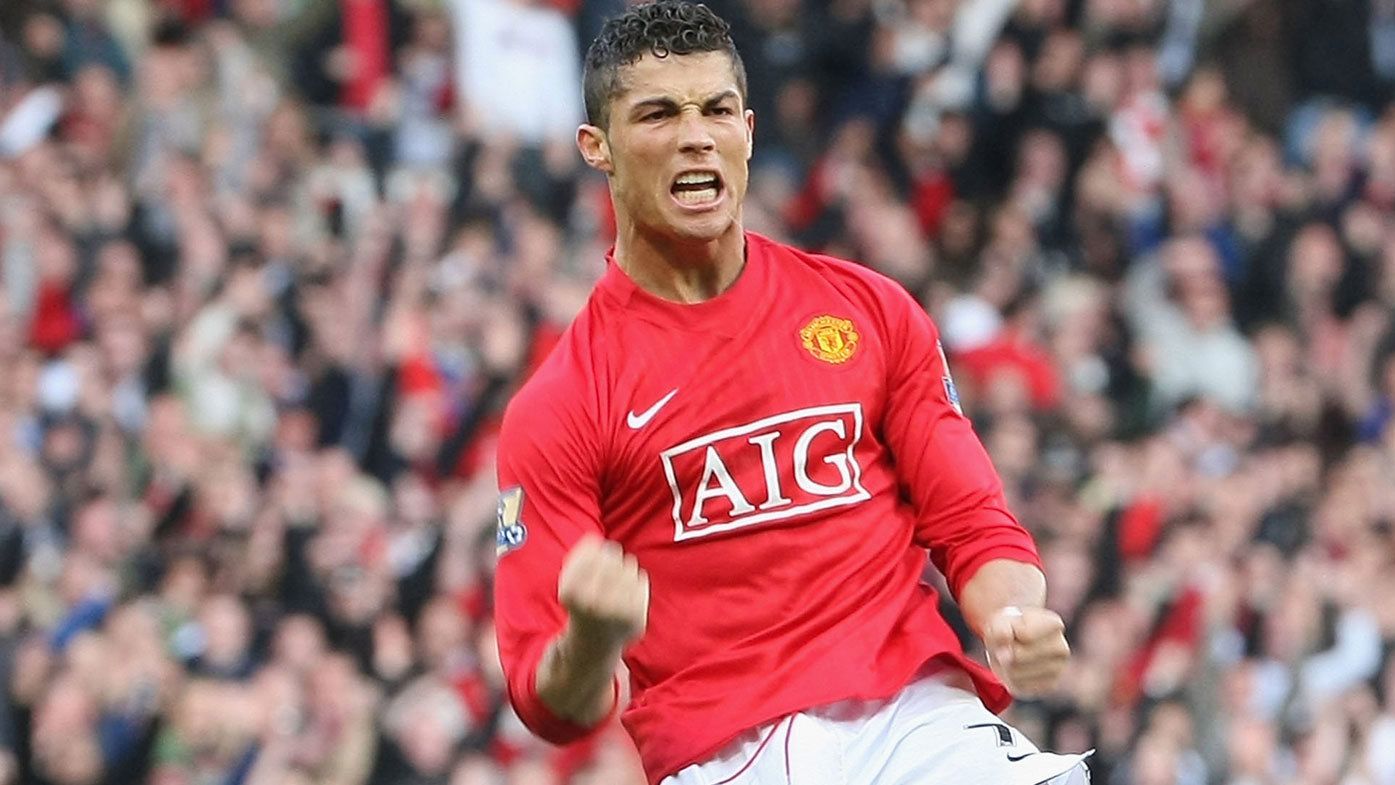 Cristiano Ronaldo of Manchester United celebrates scoring their second goal during the Barclays Premier League match between Manchester United and Aston Villa at Old Trafford on April 5 2009, in Manchester, England. (Photo by Matthew Peters/Manchester United via Getty Images)
