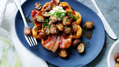 Recipe: <a href="http://kitchen.nine.com.au/2017/04/18/16/34/waffles-with-sauteed-mushrooms-and-maple-bacon" target="_top">Waffles with saut&eacute;ed mushrooms and maple bacon</a>