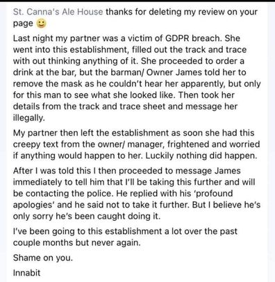 The woman's partner took to Facebook to complain about the pub manager's behaviour.