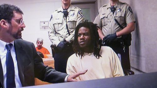 Timmy Kinner appears before 4th District Magistrate Judge Russell Comstock in a video arraignment with public defender Dan Dinger. Picture: AAP