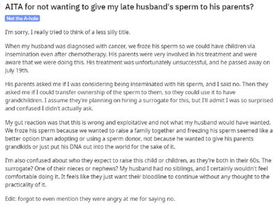 Her in laws have shocked her by asking for use of her late husband's sperm.