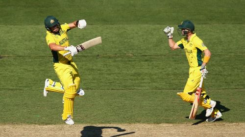 Aaron Finch and George Bailey celebrate the opener's ton. (Getty)