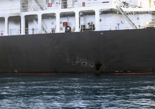 This image released by the US Department of Defence is a view of hull penetration / blast damage on the starboard side of the motor vessel M/T Kokuka Courageous, which the Navy says was sustained from a limpet mine attack while operating in the Gulf of Oman, on June 13th. 