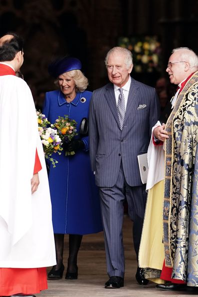 King Charles III and Camilla, Queen Consort depart the annual Commonwealth Day Service at Westminster Abbey on March 13, 2023 in London