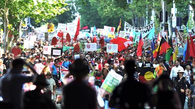 Thousands of people swarmed to Syndey’s CBD today for the
People’s Climate March in a public show of support for the environment which
took place across the globe today. (AAP)