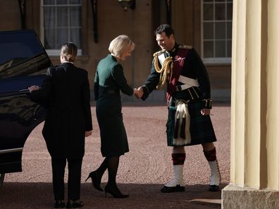 Outgoing Prime Minister Liz Truss arrives at Buckingham Palace for an audience with King Charles III to formally resign as PM on October 25, 2022 in London, England. 