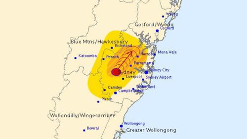 Severe thunderstorm warning issued as storm cell moves northeast from Sydney's west, 102km/h wind gust recorded at Badgerys Creek