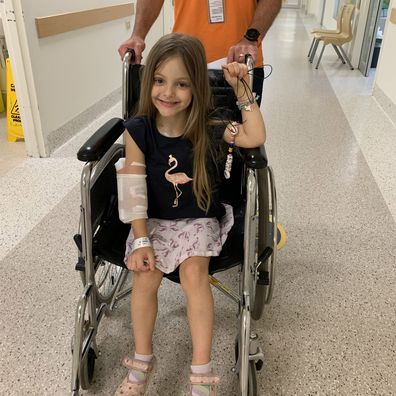 Lucy Veliades in hospital at the start of her cancer treatment.