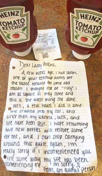 Ketchup thief returns tomato sauce bottles with note