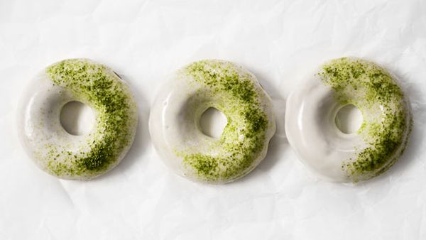 Baked matcha donuts with white chocolate glaze