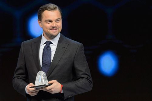 Leonardo DiCaprio received a Crystal Award on the eve of the opening of the 46th Annual Meeting of the World Economic Forum in Davos, Switzerland. (AAP)