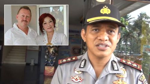 Badung police chief Komang Suartana and inset, victim Robert Ellis and his accused wife Noor Ellis. (9NEWS)