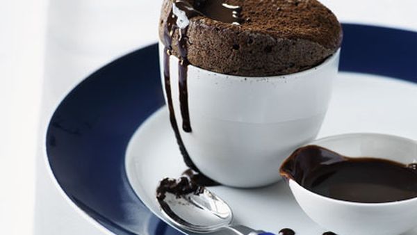 Chocolate and marrons glacés soufflé with chocolate sauce
