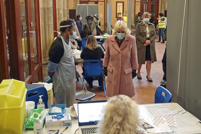 The Duchess of Cornwall during a visit to the Community Vaccination Centre at St Paul's Church, Croydon, where she thanked NHS staff and church representatives supporting the UK vaccination rollout. Picture date: Wednesday March 3, 2021. 