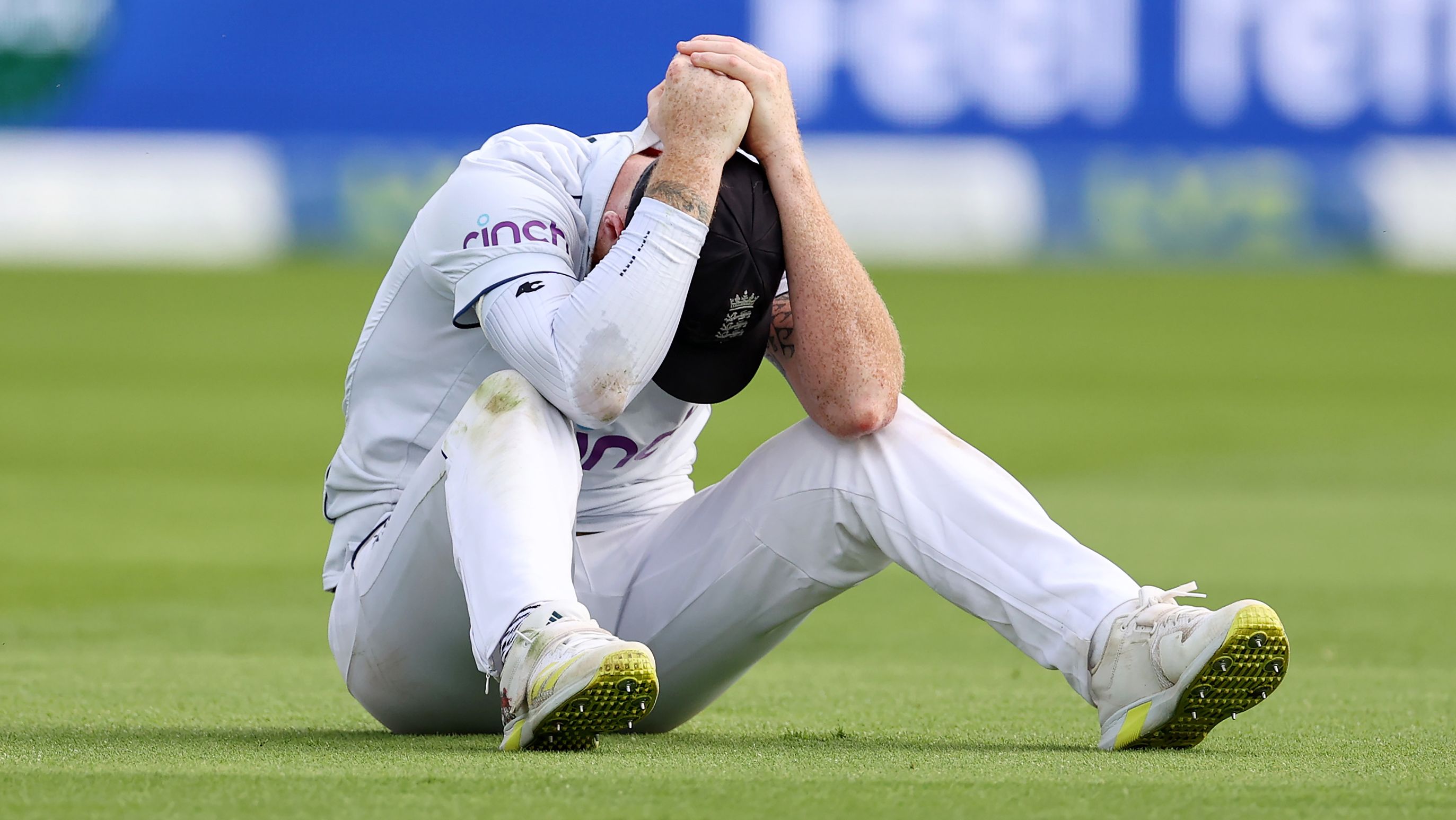 Ben Stokes of England reacts after dropping a catching chance off the batting of Nathan Lyon of Australia during Day Five of the LV= Insurance Ashes 1st Test match between England and Australia at Edgbaston on June 20, 2023 in Birmingham, England. (Photo by Ryan Pierse/Getty Images)