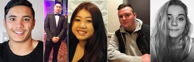 (L-R) Joshua Tam, Hoang Nathan Tran,  Diana Nguyen, Callum Brosnan, Alex Ross-King, who all died at a Sydney music festival. 