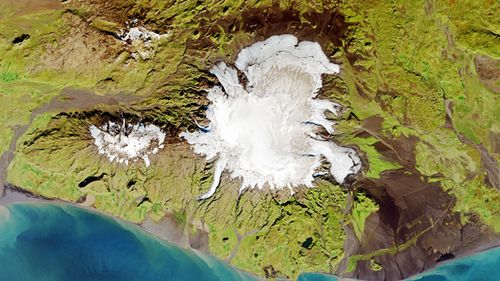 Satellite image of Katla volcano situated in Iceland. A new study has triggered debate in the science community over theories the volcano may soon erupt. (Getty)