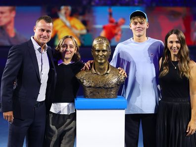 Lleyton Hewitt, Ava Hewitt, Cruz Hewitt and Bec Hewitt pose after Lleyton is inducted into Australian Tennis Hall of Fame.